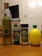 Left to right: Olive oil, Italian herbs, Garlic powder, and lemon juice